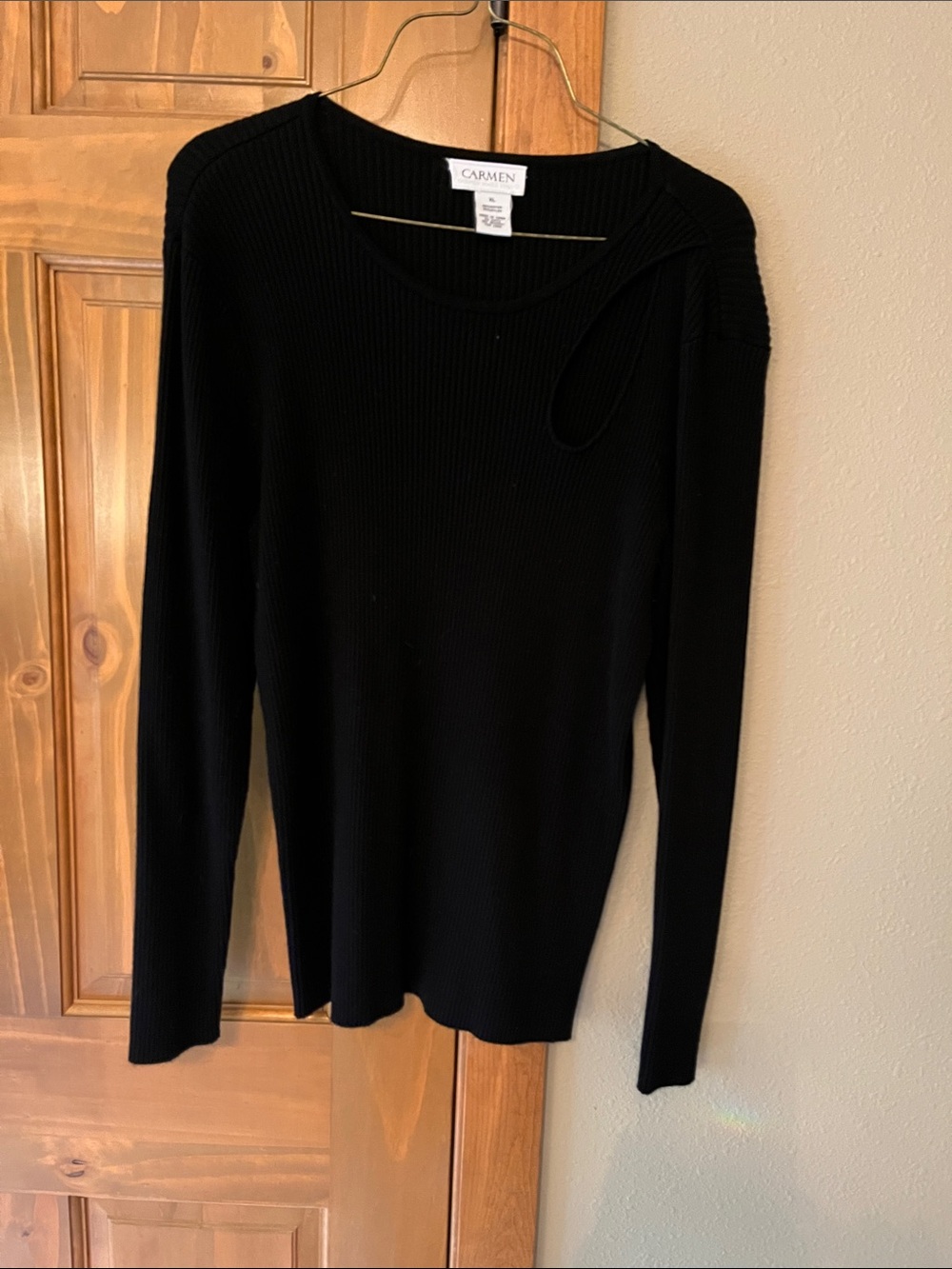 Carmen Black Ribbed Crewneck Sweater with Cutout Detail